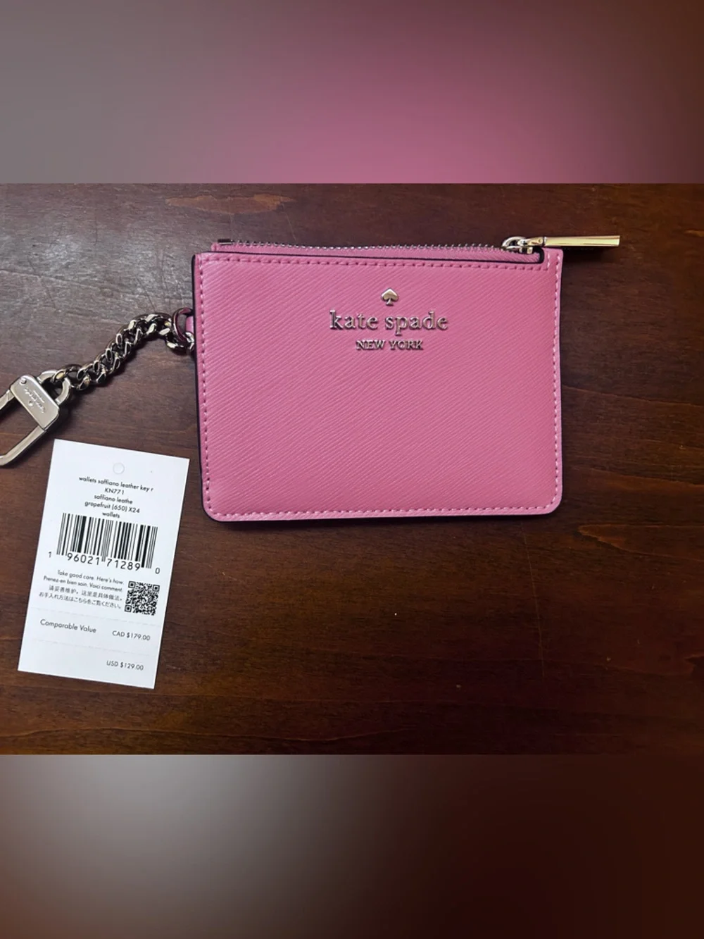 kate spade pink leather key & card holder with chain